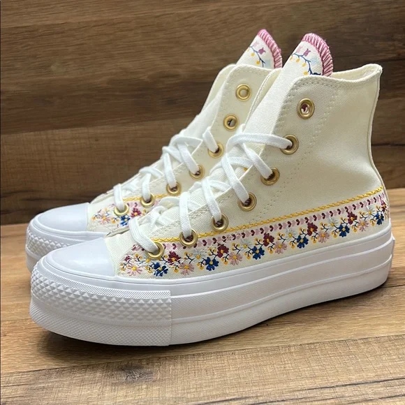 Converse White Pink Floral platform High-Top Sneakers - Picture 2 of 10